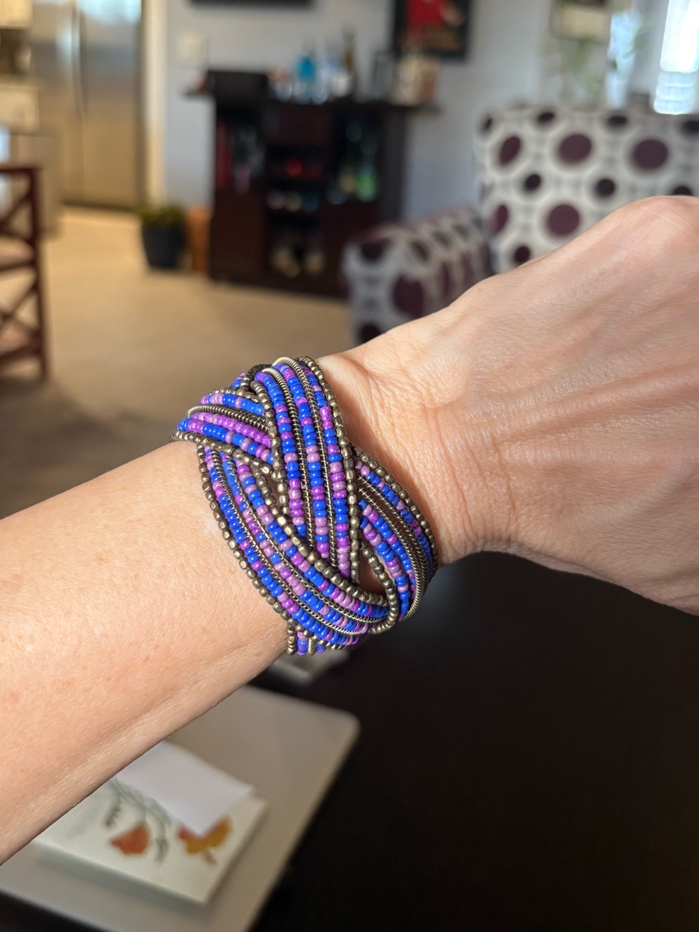 Handwoven Beaded Wrap Cuff Bracelet - Purple & Blue